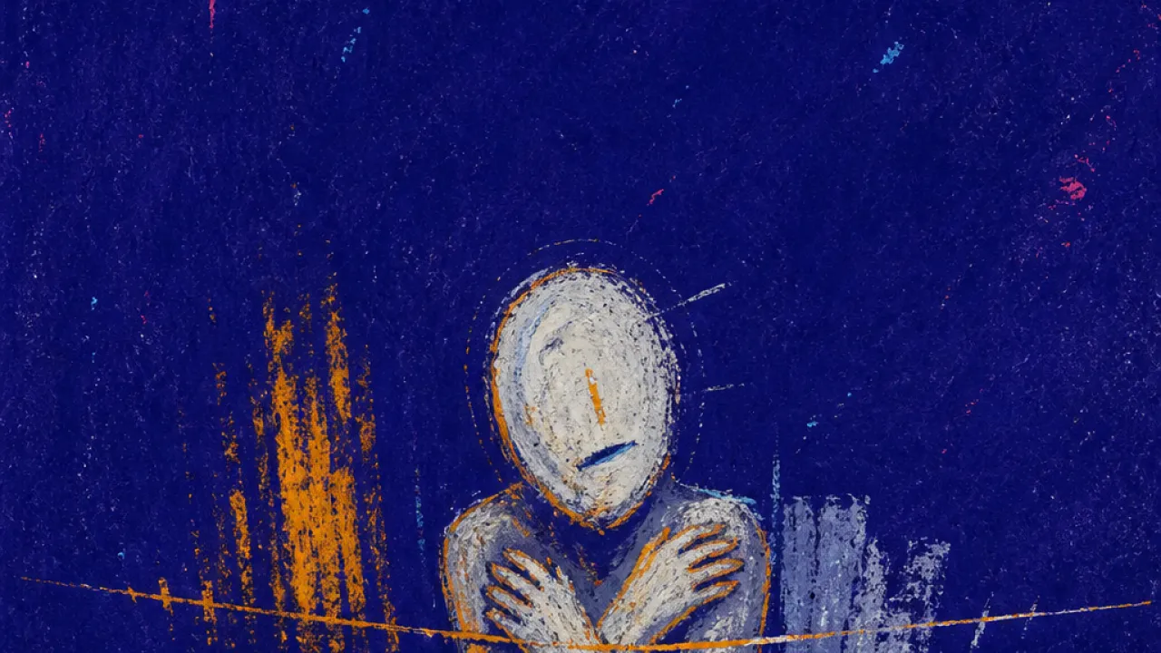 A solitary figure with crossed forearms as glowing messages press against a thin line in deep indigo space
