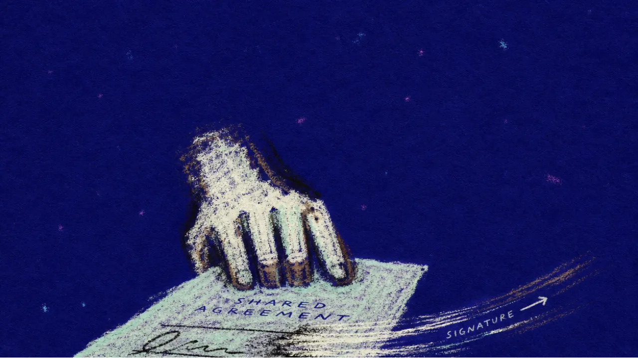 A solitary figure presses knuckles over a half-erased signature as outside hands pull a credit line across a glowing document