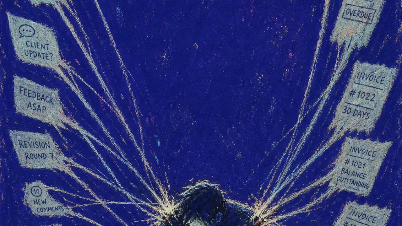 Pulled by shifting platforms A hunched figure at a glowing laptop as hands, invoices, and notification lines pull from every side in deep indigo space
