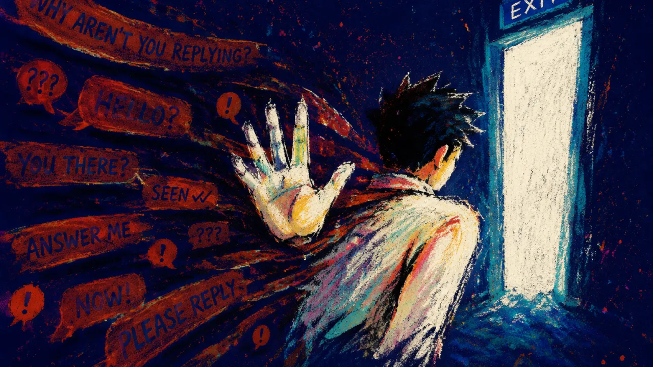 A figure turns toward an open doorway as rust-red message ribbons settle across one shoulder and narrow the space behind.