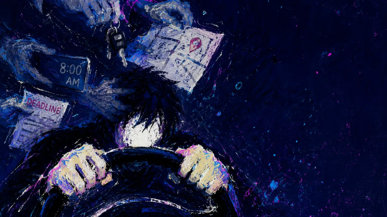 A solitary figure at a curb gripping a steering wheel, blurred hands from behind piling keys and route lines onto them