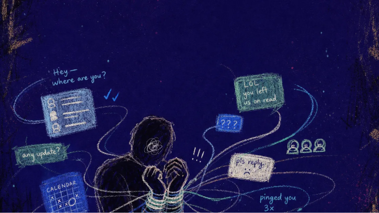 A solitary figure with tense hands over a glowing phone, calendars and transit lines looping around their wrists