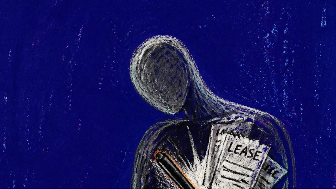 Pushed Toward The Signature A solitary figure shrinking back as hands push lease papers and a pen toward their chest in deep indigo space