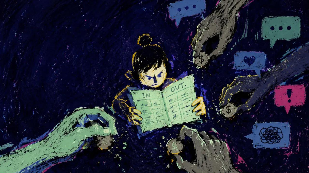 A solitary figure shields an open ledger as reaching hands pull coins from its edges in deep indigo space