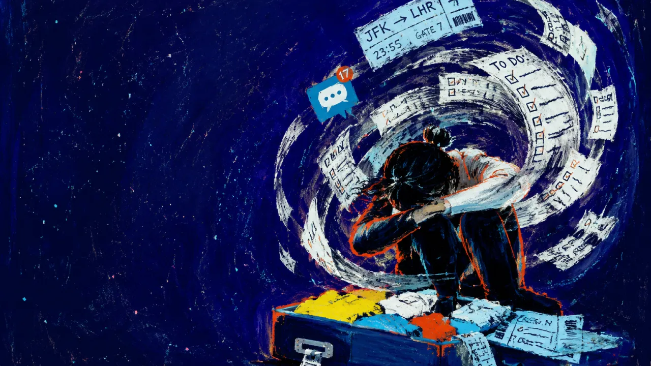 A hunched figure over open luggage, surrounded by looping tickets, messages, and checklists pressing around the shoulders