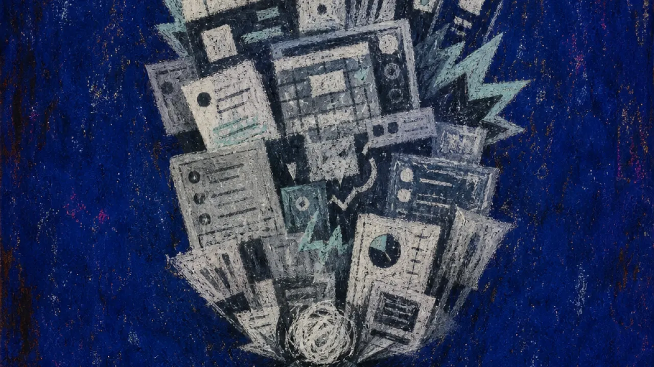 A solitary figure bent under stacked bills, calendars, work pings, and glowing screens pressing down from above
