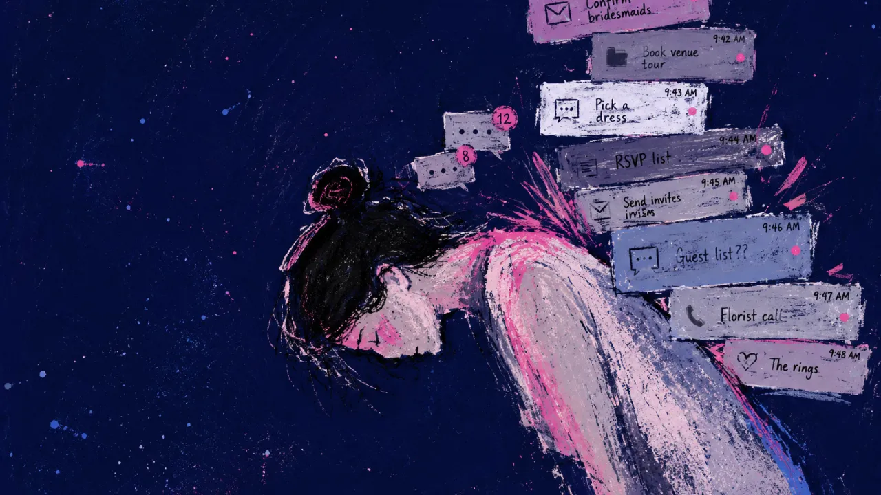 A solitary figure with bent shoulders, phone alerts and task lists stacking above them in cold rose and indigo space