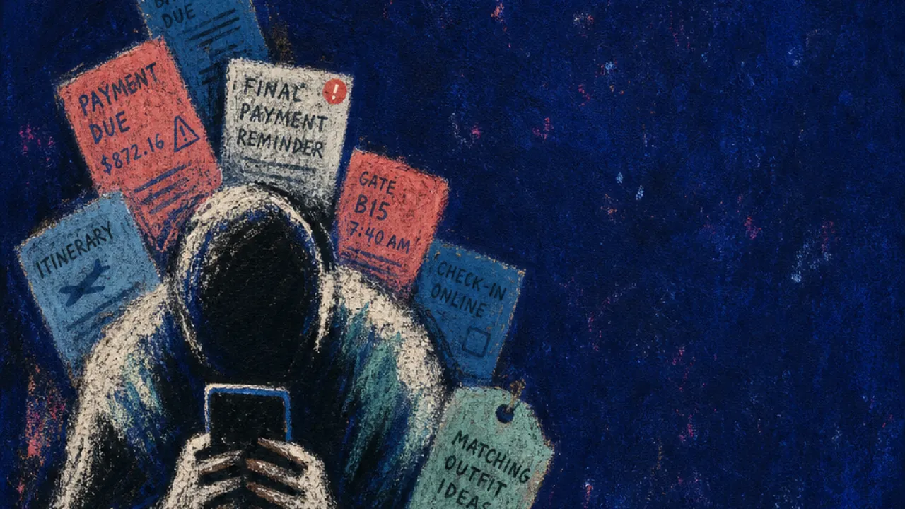A solitary figure hunched over a phone and suitcase, shoulders pressed by payment alerts and outfit tags in deep indigo space