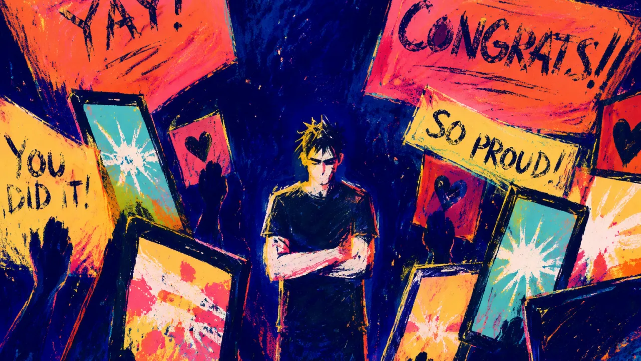A solitary figure folds both arms across the torso as coral-gold screens and banners crowd a narrowing strip of indigo shade.