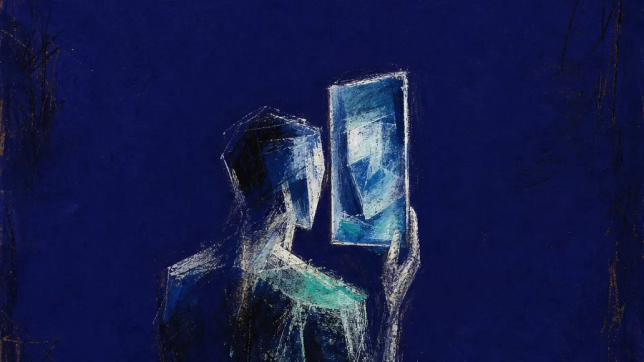 A rigid figure facing a glowing screen tile, shoulders raised as blue light frames and pins their reflected face