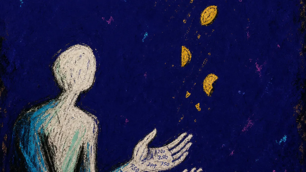 A solitary figure reaching toward scattered salary slips as scales lower coins toward others in deep indigo space