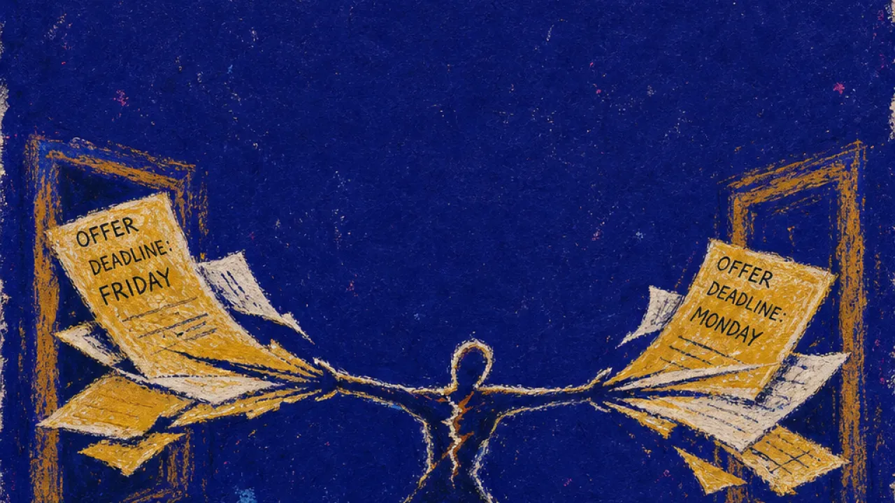 Pulled between open doors A solitary figure between two open doors, offer papers pulling both arms as amber deadline lines cross deep indigo space
