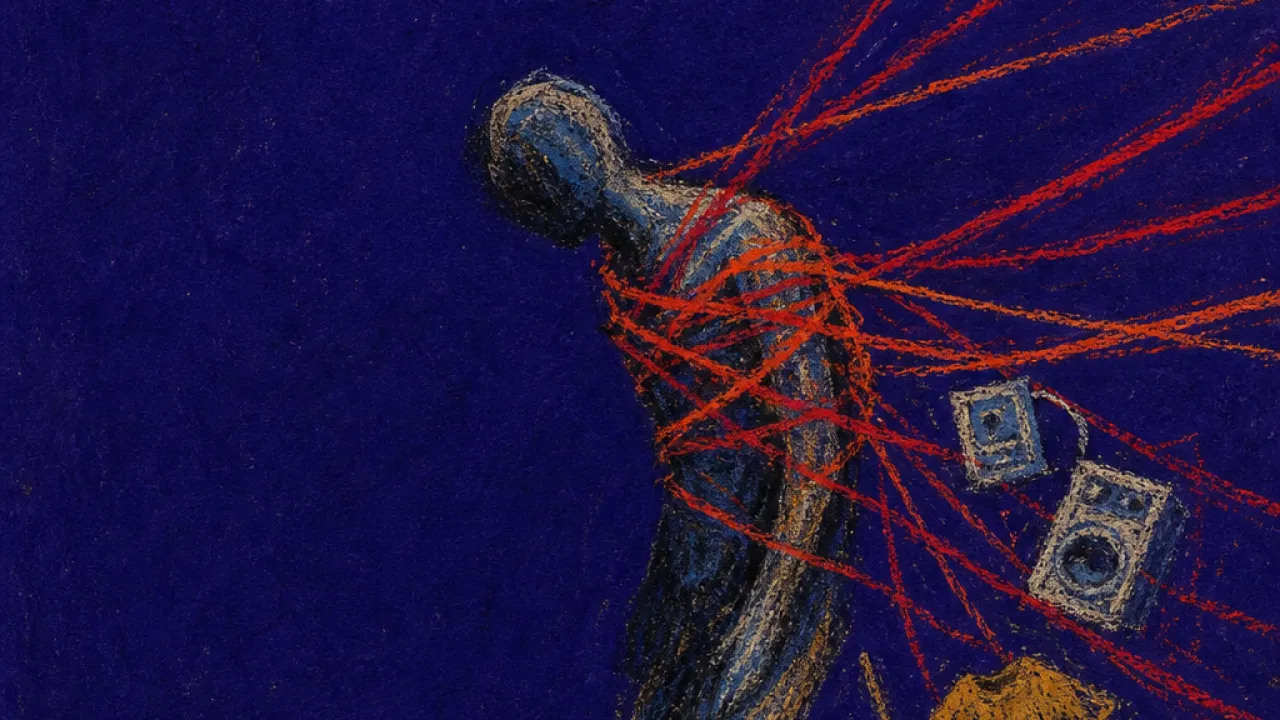 Urgency crossing every boundary A solitary figure pulled down by glowing message threads around the torso, with unfinished daily objects dragged behind