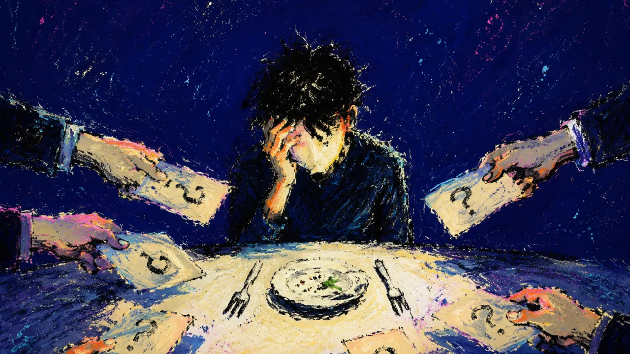 Questions closing in A seated figure at a dinner table as many hands push question cards inward, pale light narrowing around their shoulders