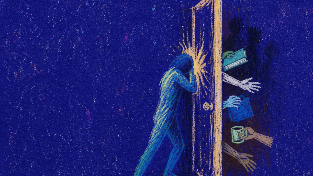 A solitary figure braces a half-open bedroom door as hands, borrowed objects, and guest shadows push across the threshold.