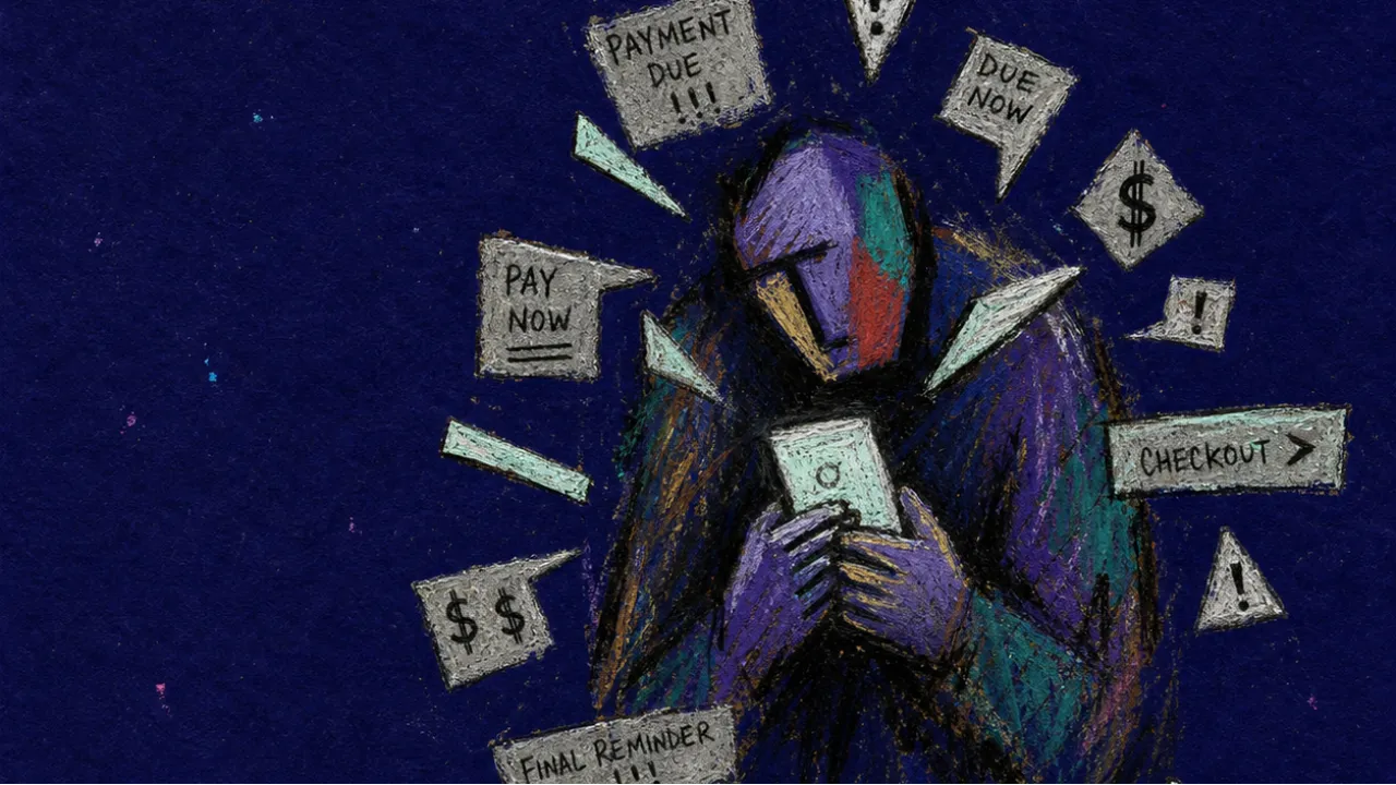 A hunched figure holding a phone as payment alerts circle their shoulders, leaving cold marks in deep indigo space