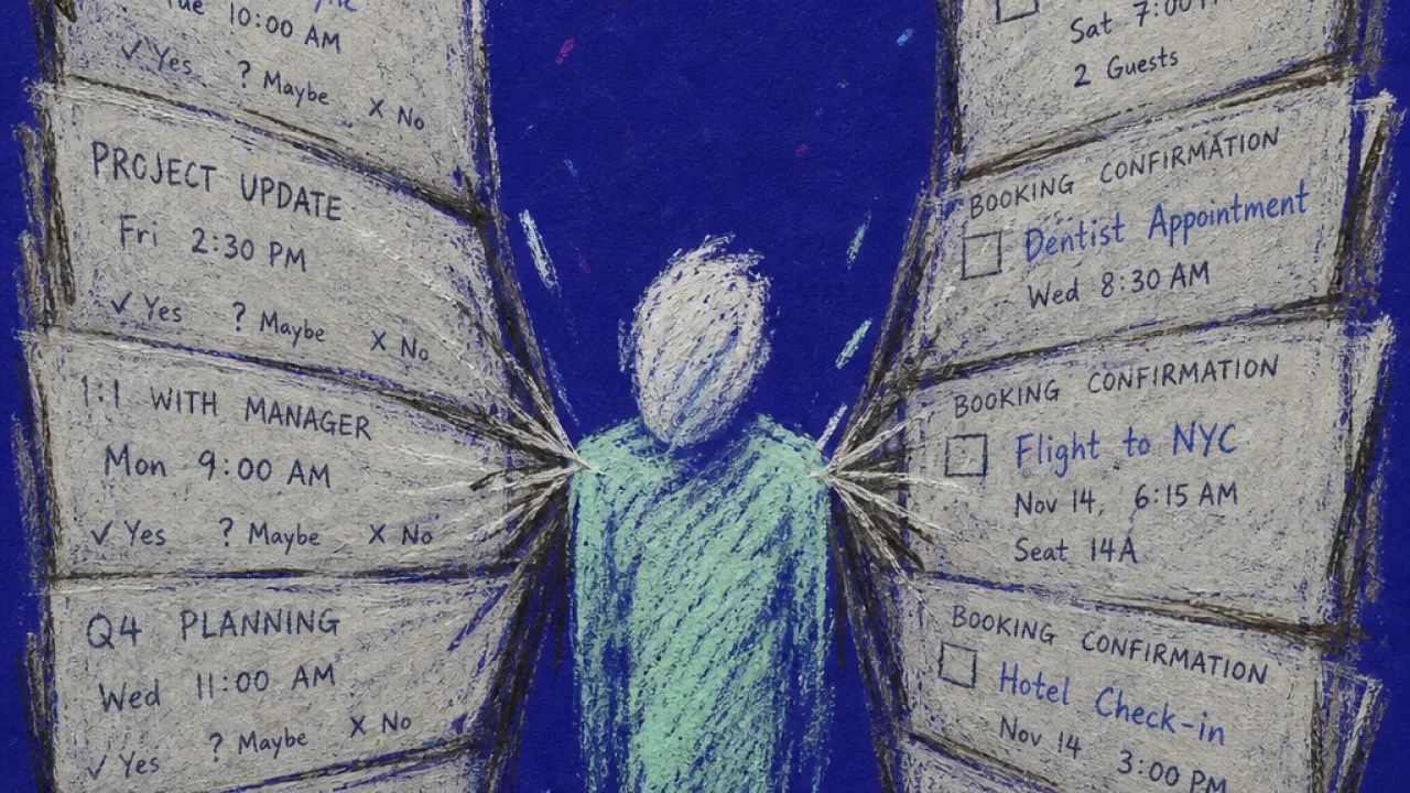 A solitary figure with pinned shoulders inside folding calendar pages, paper edges leaving sharp marks in deep indigo space