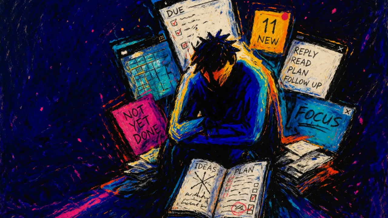 A solitary figure with lowered shoulders as stacked screens and open workbooks press inward, narrowing the floor ahead.