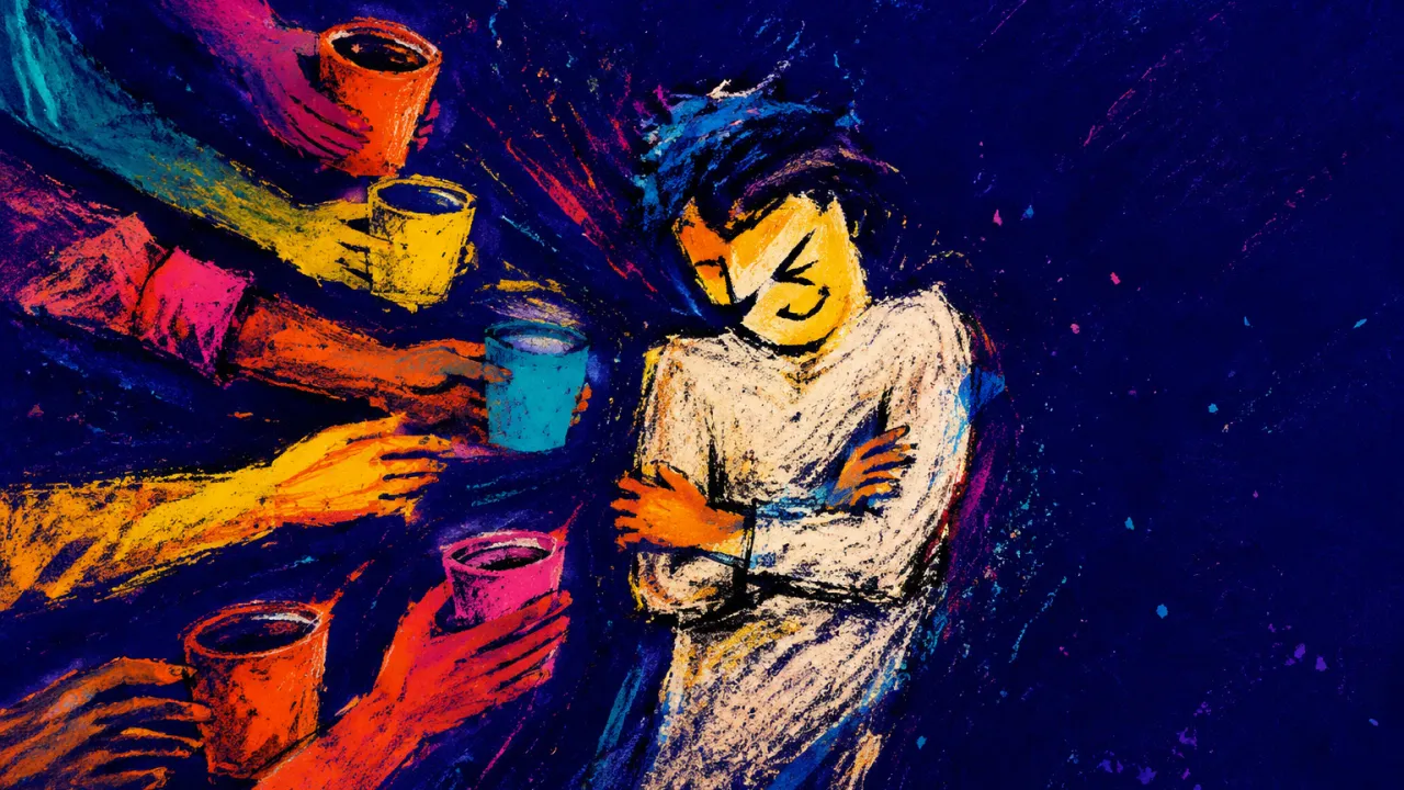 A solitary figure with folded arms as several hands offer cups into a shrinking circle of deep indigo space