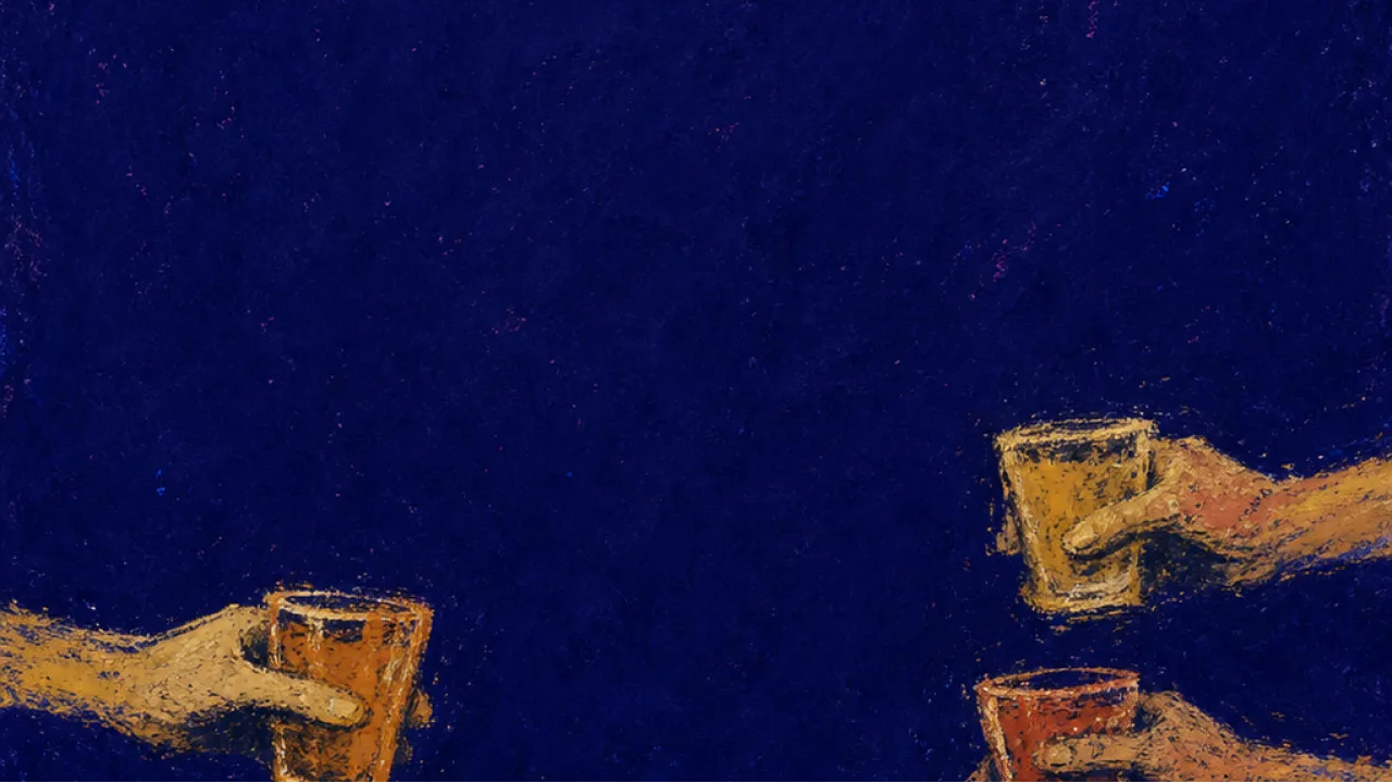 A solitary figure holds a clear glass low while surrounding hands offer filled cups under amber light in deep indigo space
