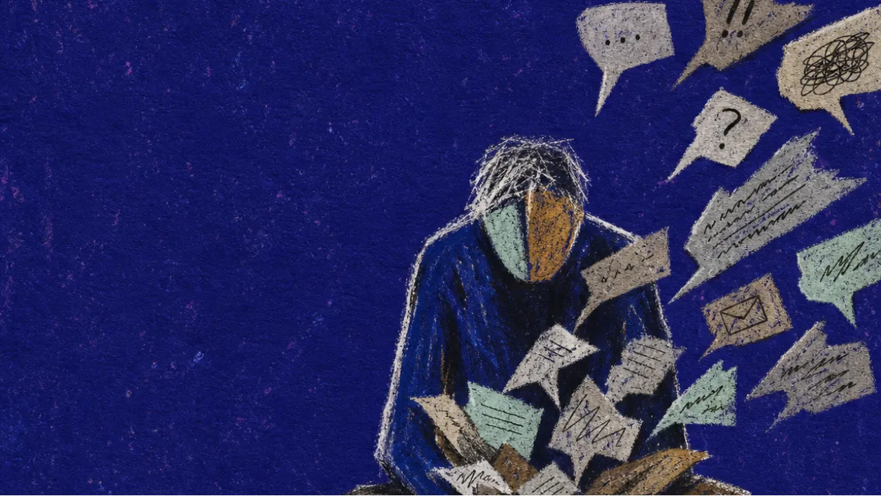 A solitary figure with shoulders drawn inward as message bubbles pour crumpled notes into an open lap in deep indigo space