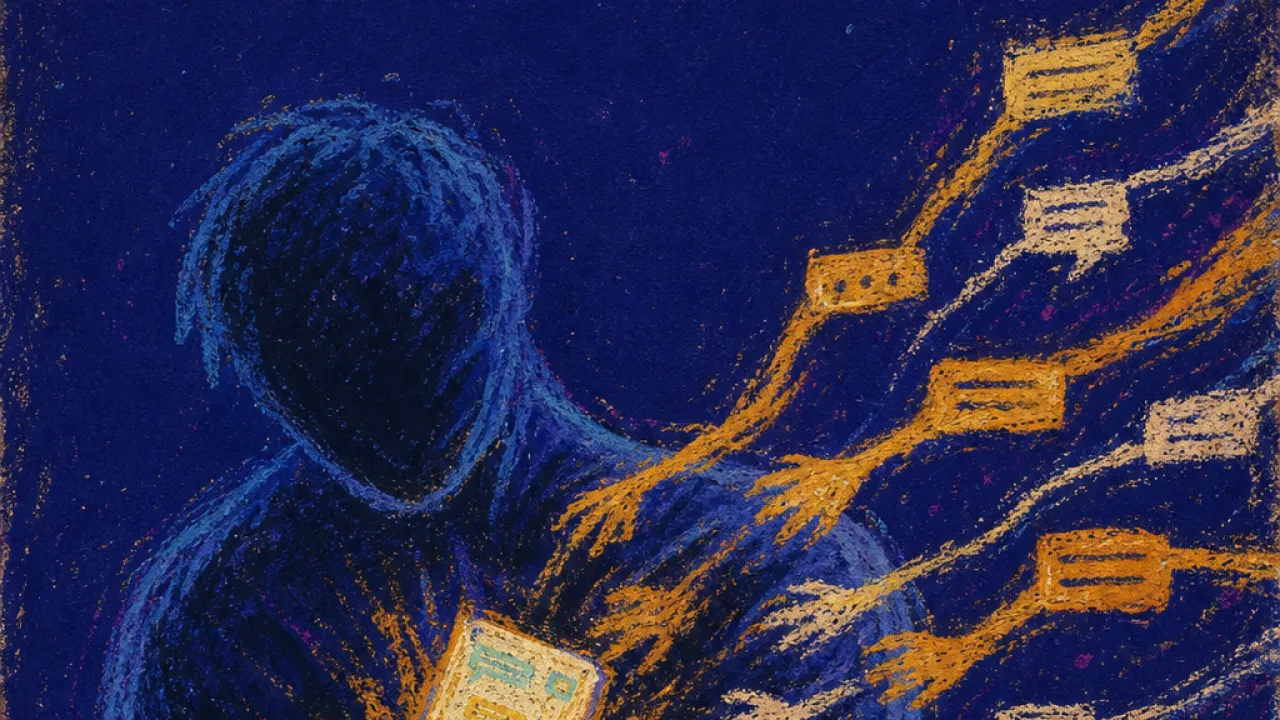 Signals crossing the line A solitary figure holding a glowing phone as message threads stretch across a boundary line toward the chest
