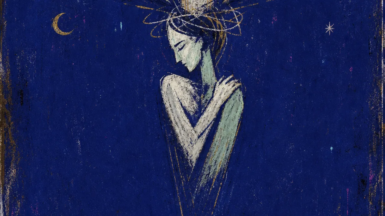 Promises closing into walls A solitary figure beneath polished banners, shoulders held tight as closed doors press inward along a narrow deep indigo path