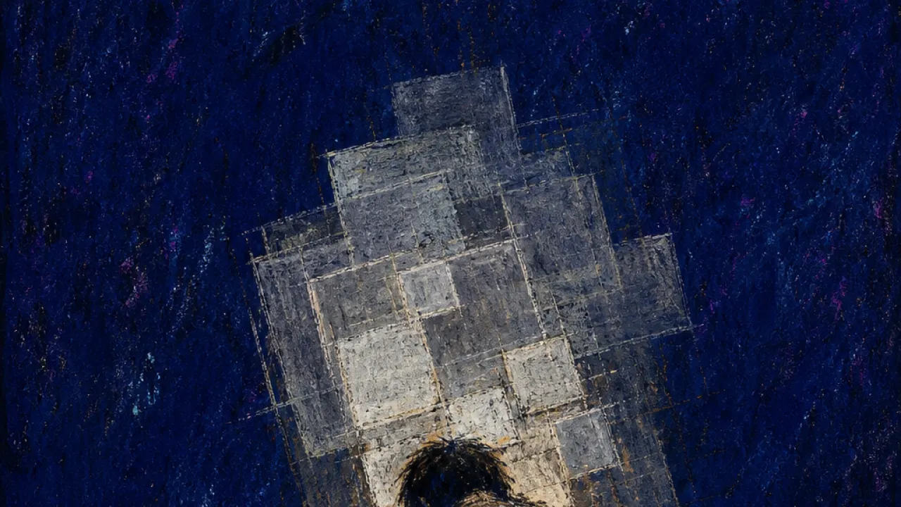 A solitary figure hunched over a glowing portal as transparent panes press into the upper back, leaving square marks