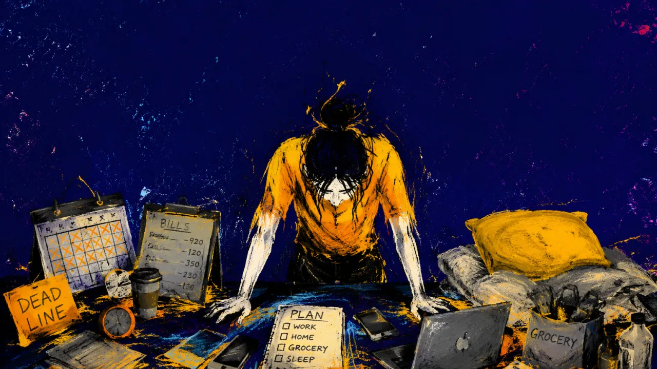 A solitary figure with lowered shoulders and both palms on a table as bills, devices, groceries, and bedding crowd inward