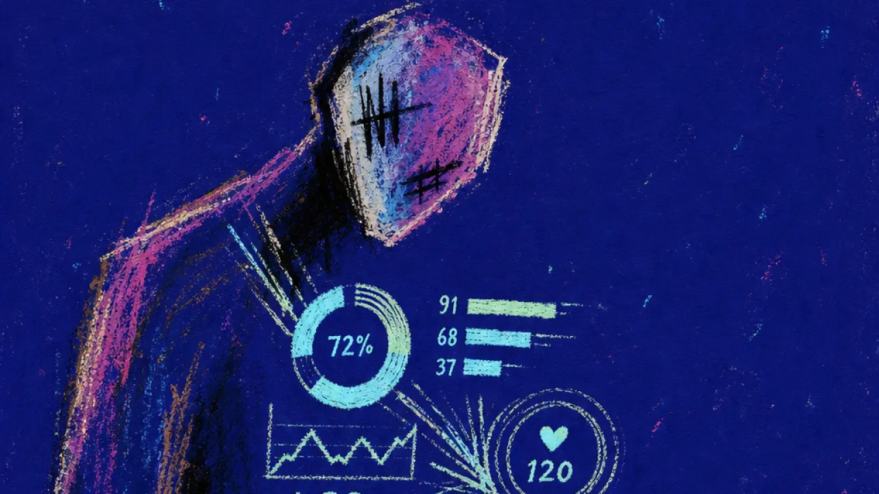 A bent solitary figure surrounded by glowing charts and wearable rings, numbers pressing into the body in deep indigo space