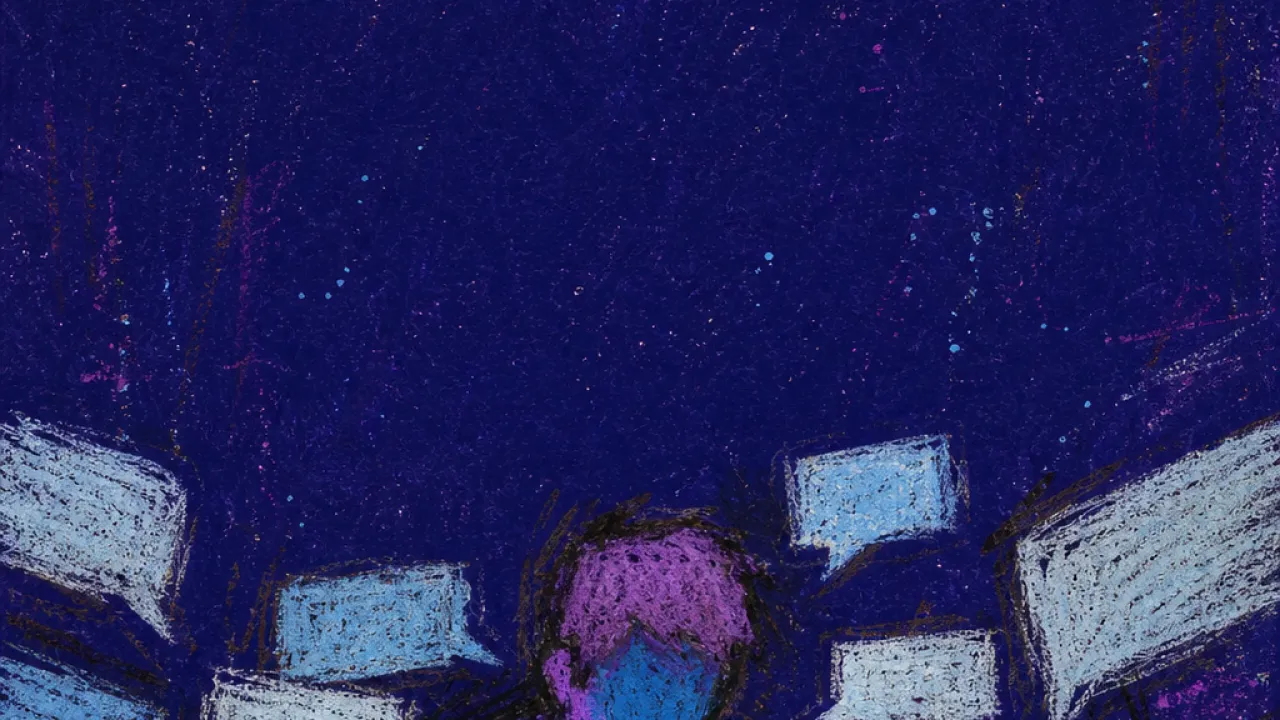 A solitary figure holding a phone as message boxes spill outward, pressing into shoulders and crowding deep indigo space