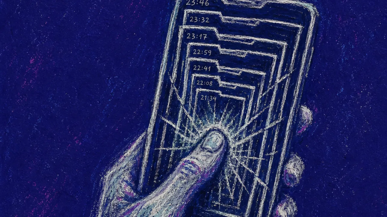 A solitary figure gripping a phone as timestamped screenshot frames press inward, leaving cold marks around the thumb.