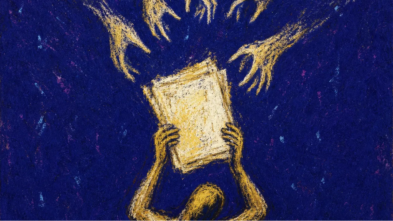 Credit pulled out of reach A solitary figure under office spotlights as reaching hands pull glowing papers upward from work held against the chest