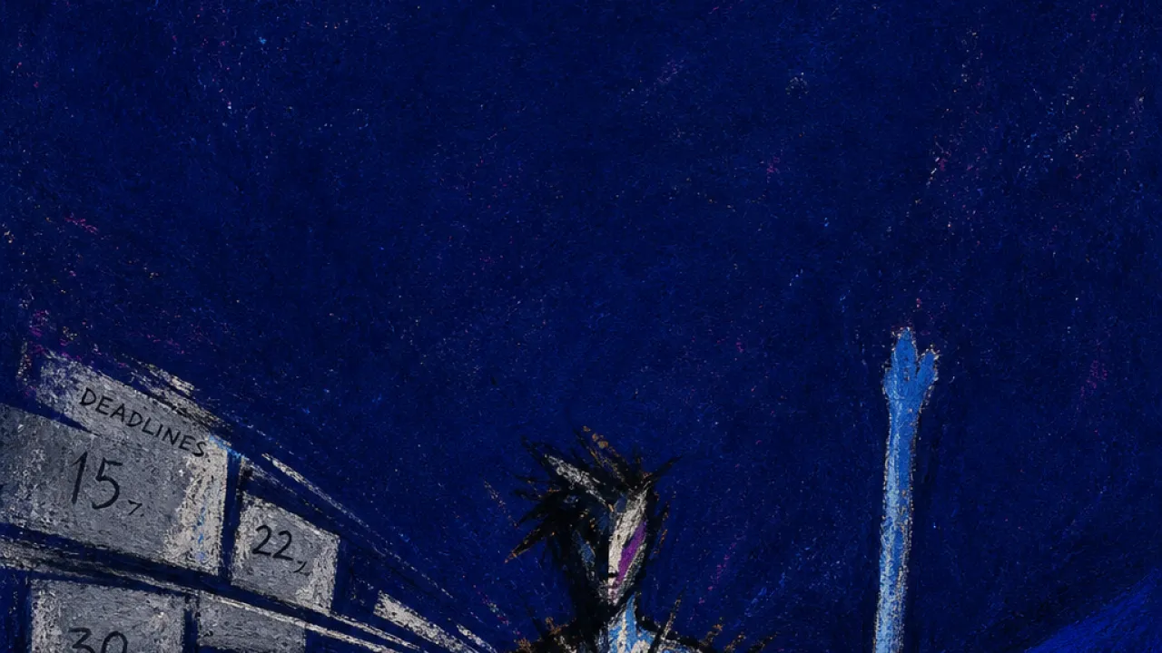 Pulled between support systems A solitary figure stands between an open contract and a guiding hand, with pale deadlines pressing from one side