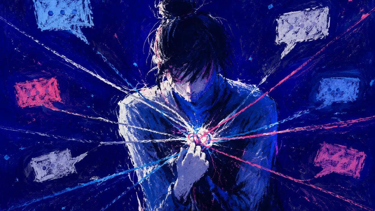 A solitary figure pulled by several glowing message threads, shoulders drawn inward around a knotted choice in deep indigo