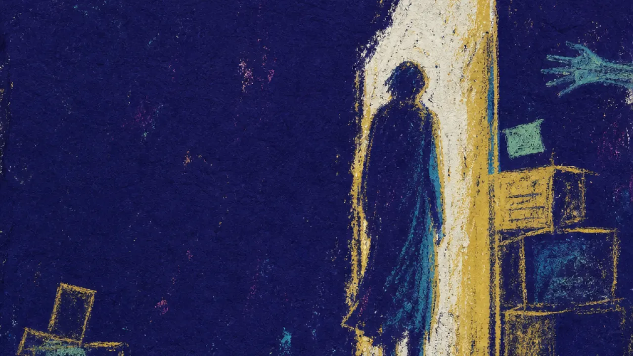 A solitary figure in a half-emptied doorway as hands, boxes, and listing papers press familiar rooms toward an exit