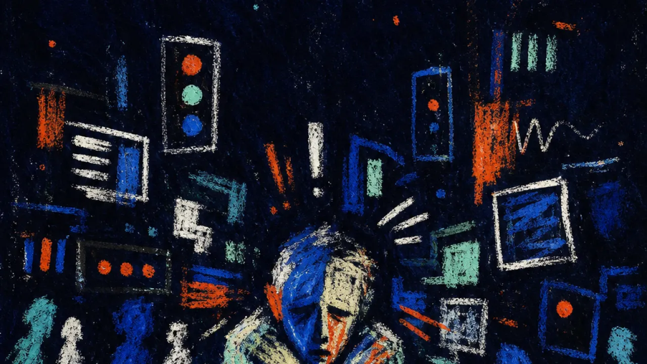 A solitary figure in a narrow city path, shoulders drawn inward as lights, screens, and passing bodies press from every side