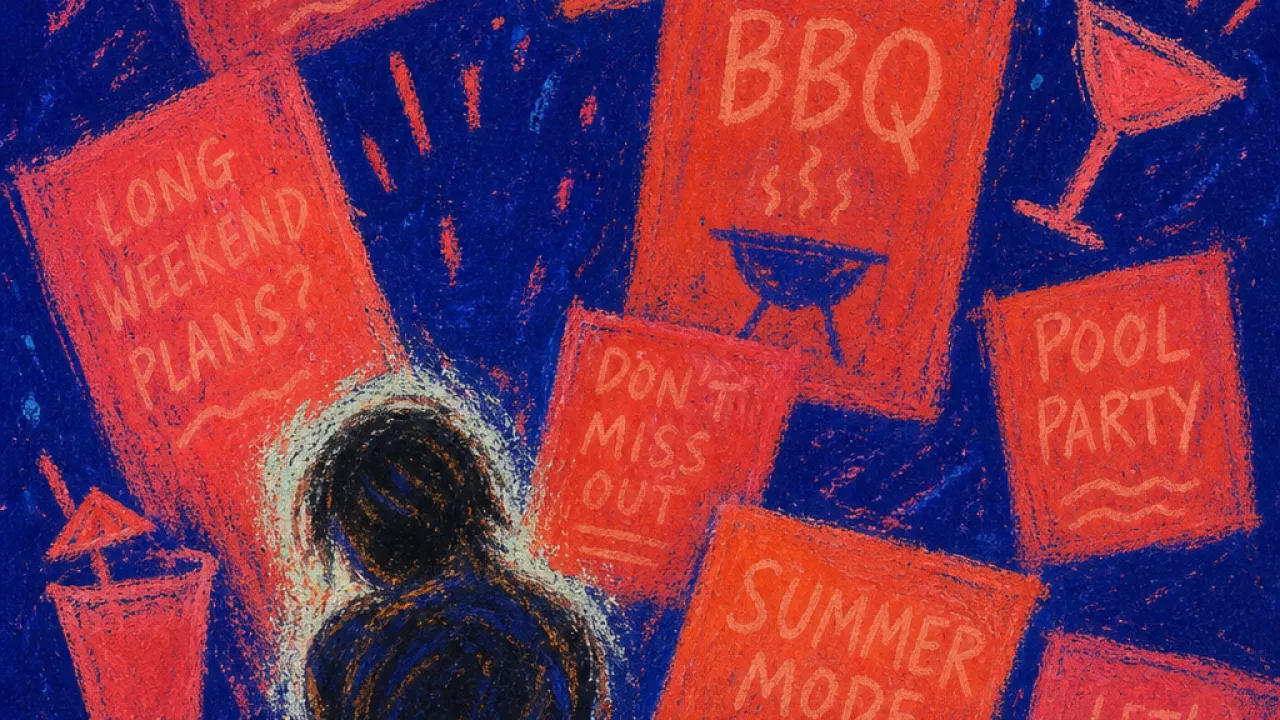 Invitations closing in A solitary figure turned inward as glowing invites and raised cups press in from every side, leaving coral marks in indigo