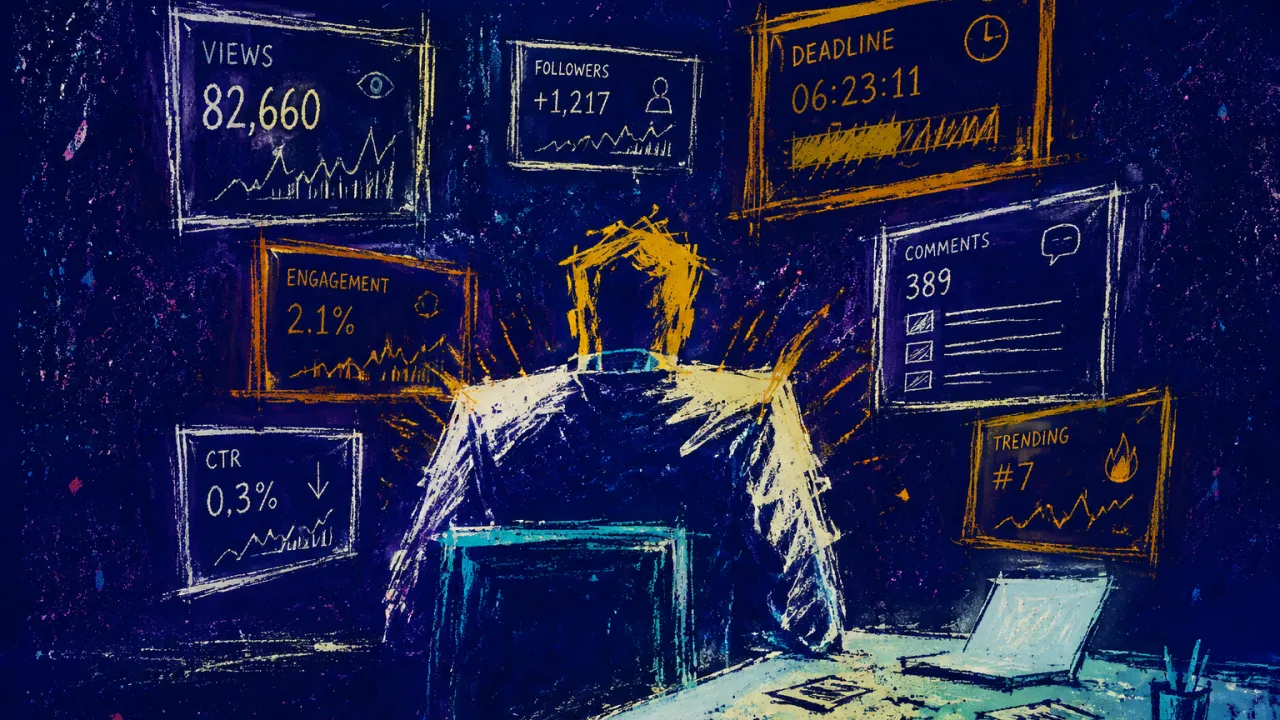 Visible Metrics Keep Pressing Inward A seated figure with shoulders held square as bright dashboard frames press inward while unfinished pages recede on the desk.