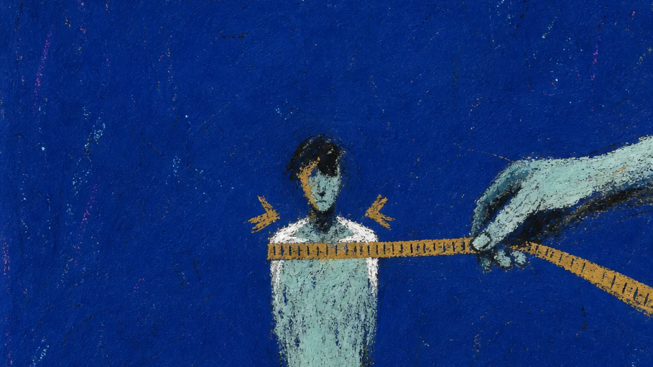 A solitary figure inside a taped rectangle as another hand pulls measuring tape across their shoulders in deep indigo space