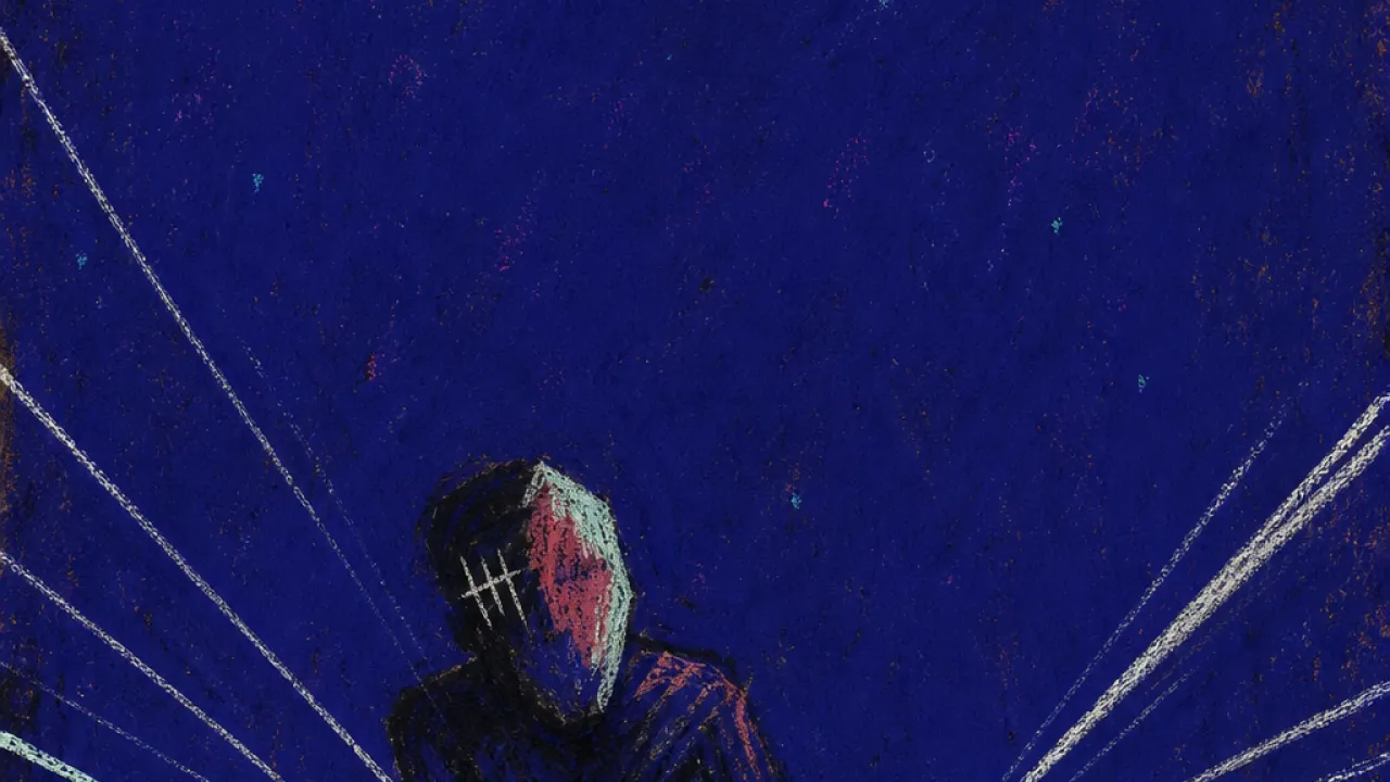 A solitary figure shrinks behind a table as silver sound lines from a speakerphone pin both hands in deep indigo space