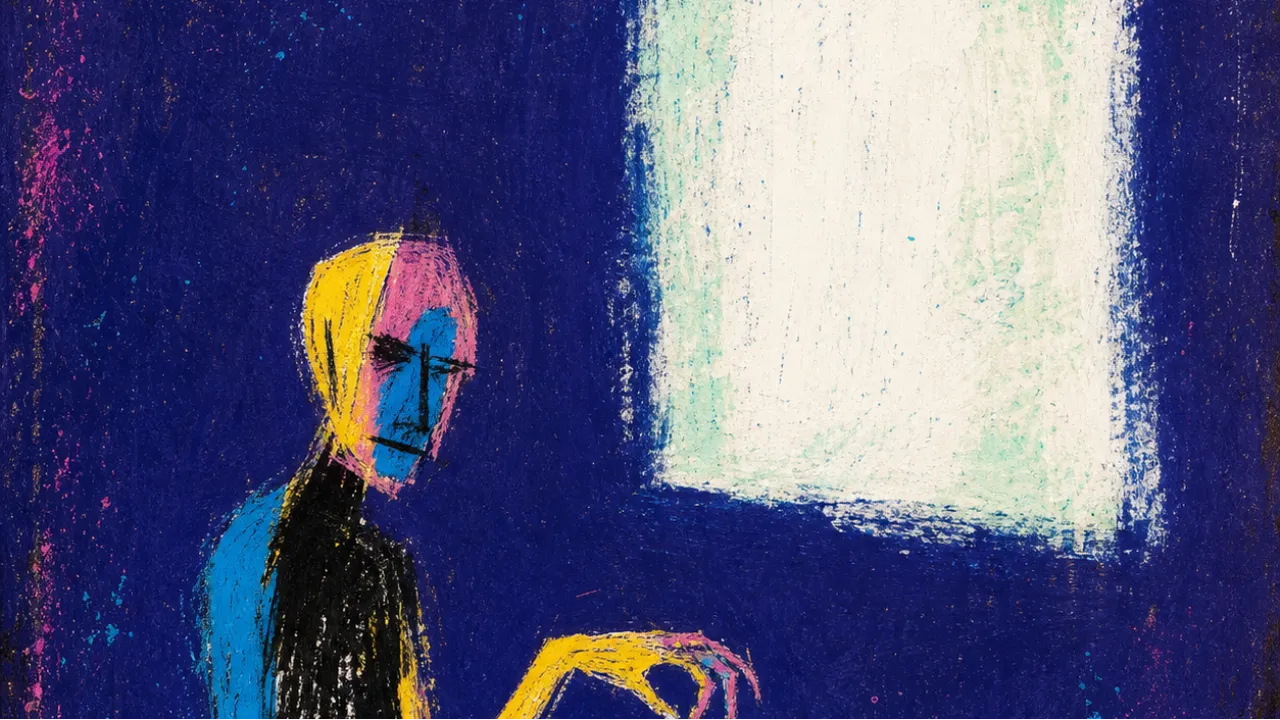 A solitary figure frozen before a glowing screen as raised shapes push toward the body in sharp white and deep indigo space