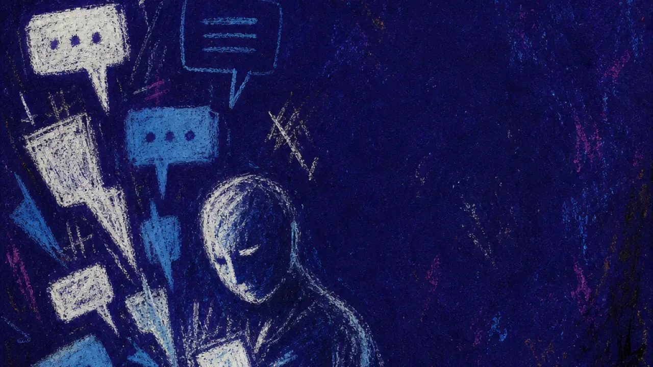 A solitary figure clutching a phone near the ribs as pale message bubbles press through a thin boundary line in dark space