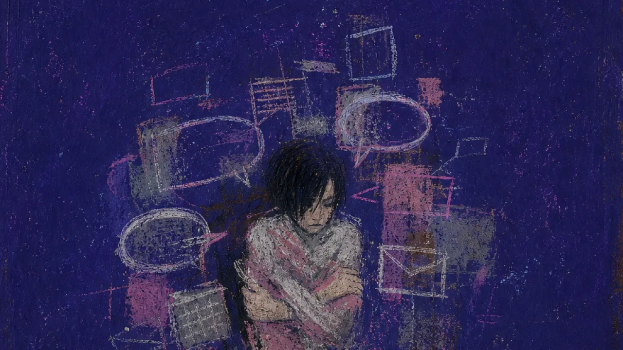 A solitary figure with shoulders pulled inward, surrounded by floating text bubbles and pale lines tightening around the body