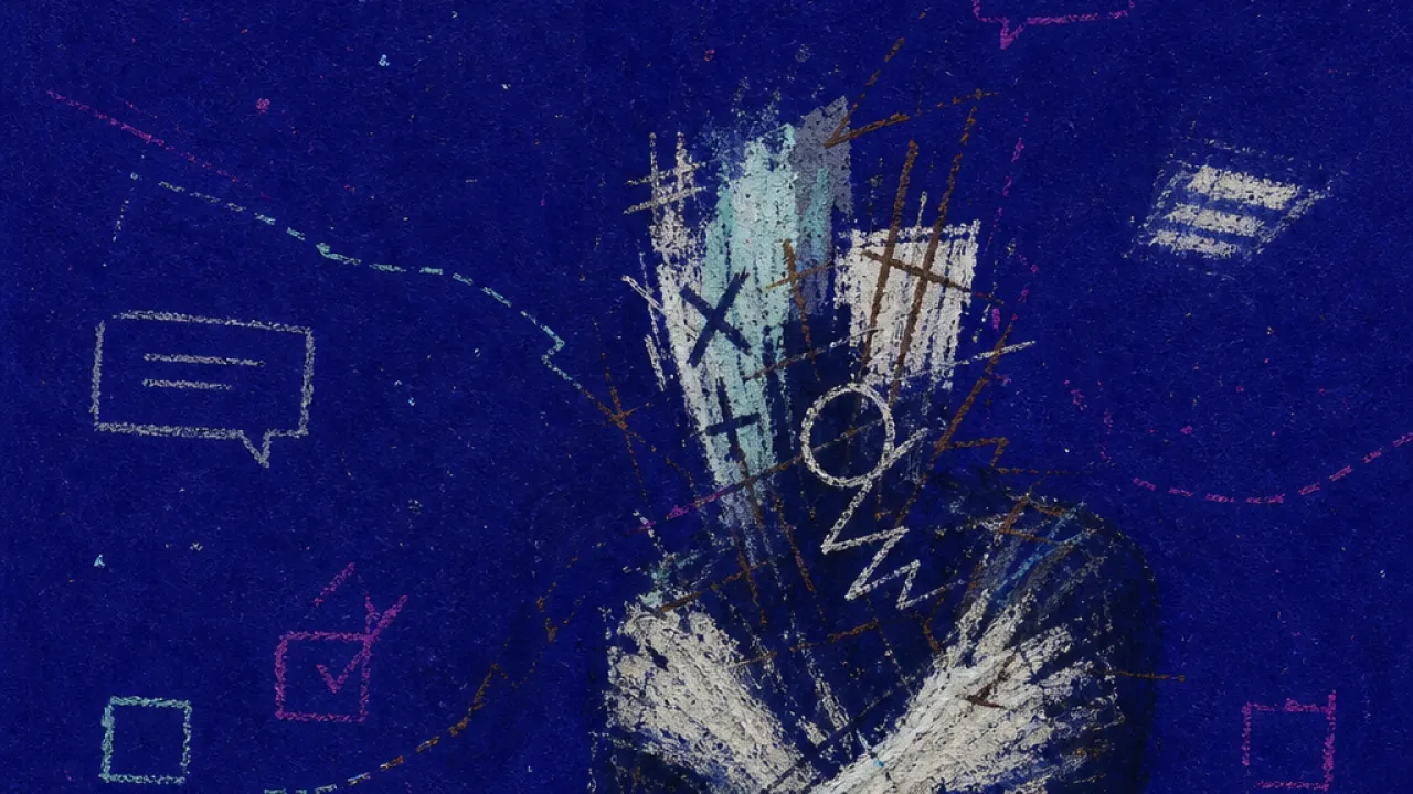 A solitary figure with crossed arms as office light and message threads press inward, leaving a pale impression at the chest
