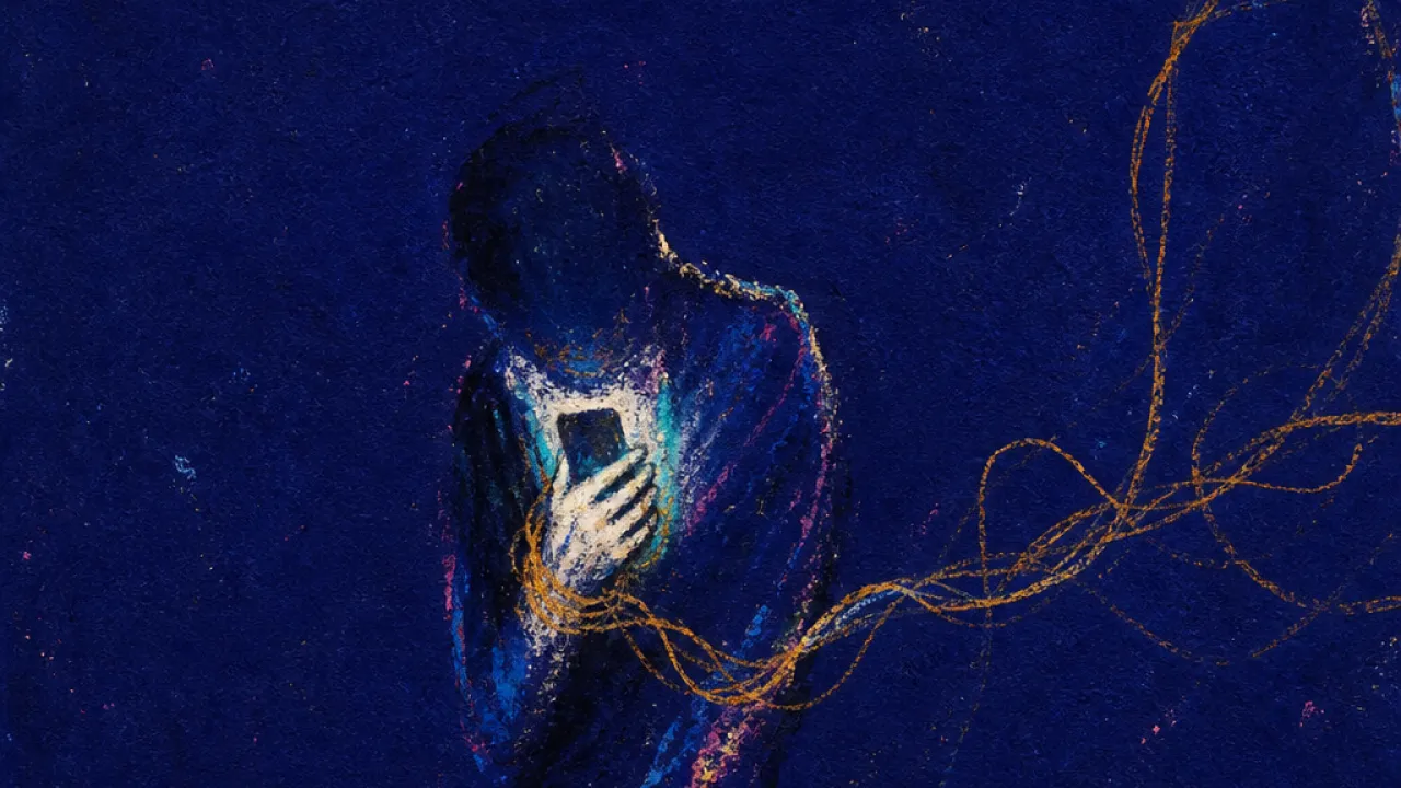 Tethered by constant access A solitary figure beside a glowing phone, shoulders pulled by message threads wrapping into a loose tether across dark space
