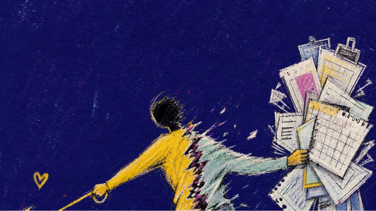 Pulled between yes and wait A solitary figure holding a leash and paperwork as forms, lease pages, and calendar sheets pull outward in deep indigo space
