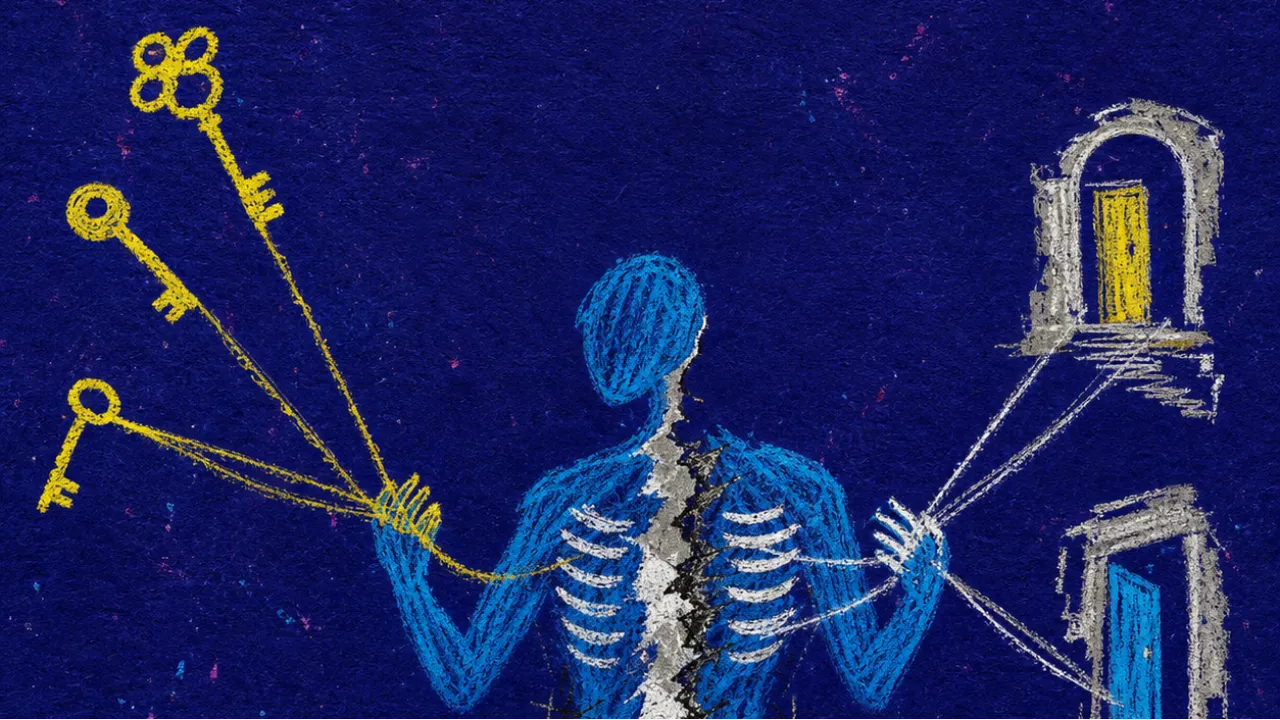 A solitary figure between two doorways, keys and message threads pulling from both sides across deep indigo space
