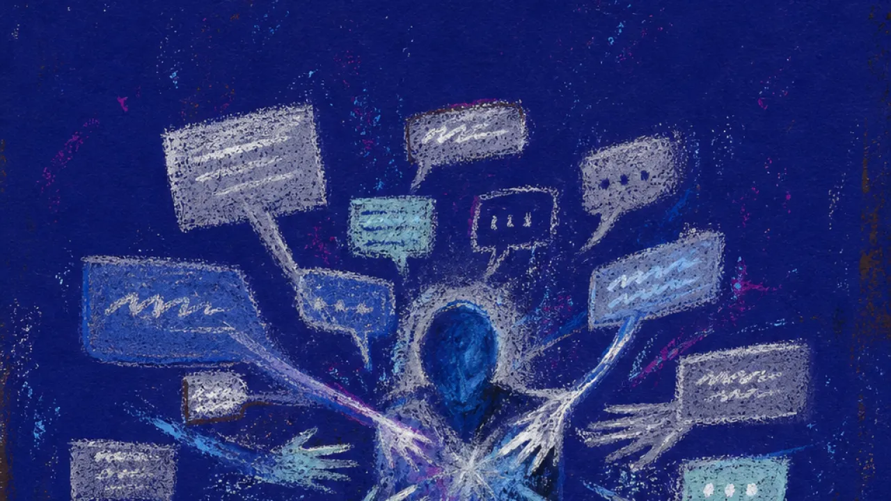 A solitary figure backed into glowing message windows as hands and chat streams press inward from every side