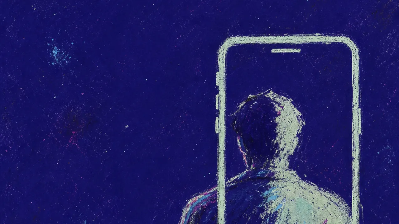 A solitary figure turning away as a raised phone frame pulls their outline into cold silver light and deep indigo space